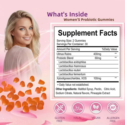 Vista 6 de Gomitas probióticas para mujer con olmo resbaladizo – Salud vaginal, salud intestinal y apoyo para el equilibrio del pH, sabor a piña – Sin gluten