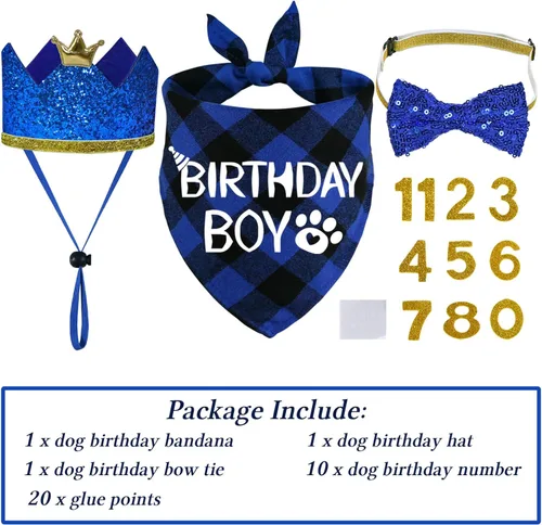 Vista 3 de STMK Suministros para fiesta de cumpleaños para perros, sombrero de cumpleaños de perro de varios tamaños con números, bandana pajarita para perros