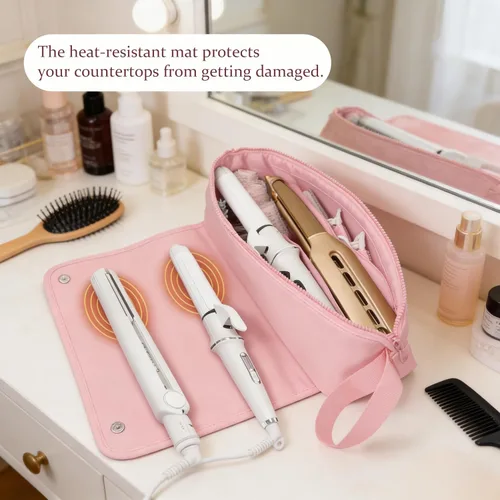 Vista 4 de Bolsa de viaje para herramientas para el cabello con alfombrilla resistente al calor, organizador de herramientas de pelo caliente 2 en 1