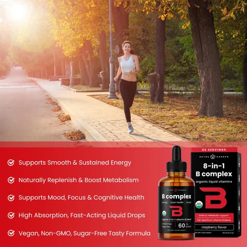 Vista 2 de Gotas líquidas orgánicas de complejo de vitamina B USDA Suplemento complejo de vitaminas B con gotas B1, B2, B3, B6, B7, B9 y metil B12