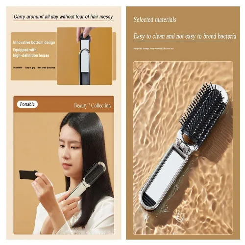 Vista 4 de Cepillo de pelo portátil Cepillo de pelo plegable con espejo Bolsillo compacto Mujeres Hombres Cepillos de pelo Cepillo de bolsillo Herramientas