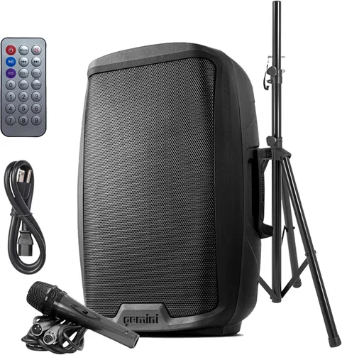 Vista 10 de Gemini - Altavoz PA Bluetooth de 100 W con soporte, sistema de altavoces DJ de 15 pulgadas con luces LED, USB/SD/FM, emparejamiento estéreo