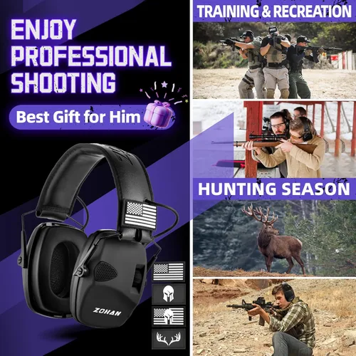 Vista 6 de ZOHAN Electronic Shooting Earmuffs, Hearing Protection Shooters, NRR 23dB Noise Reduction Gun Range Ear Protection Headphones Con parches-negro