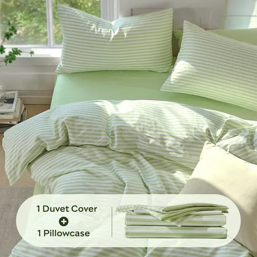 Vista 5 de JELLYMONI Juego de funda de edredón a rayas, funda de edredón de tamaño individual, rayas clásicas verde salvia y blanco, 100% algodón, 2 piezas