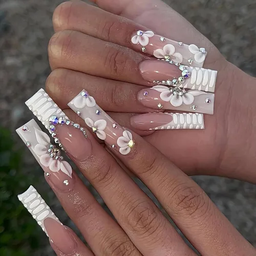 Vista 23 de BABALAL Uñas largas cuadradas a presión, uñas acrílicas rosas con dijes de flores de mariposa 3D, uñas postizas artificiales con purpurina