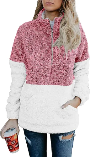 Vista 12 de BTFBM - Suéter sin botones de sherpa con capucha para mujer, con 1/4 de cremallera y manga larga, suave y mullida, de vellón Azul