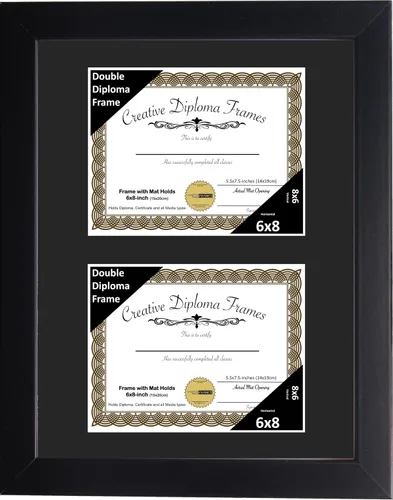 Creative Picture Frames Marco de diploma doble clásico negro de 6 x 8 pulgadas con vidrio negro y colgador de pared instalado