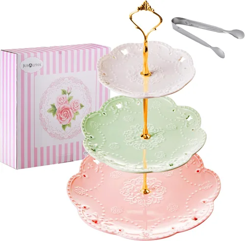 Jusalpha 3-Tier porcelana china pastel soporte para postres, pasteles, fiesta de té, bandeja de servir, Dorado