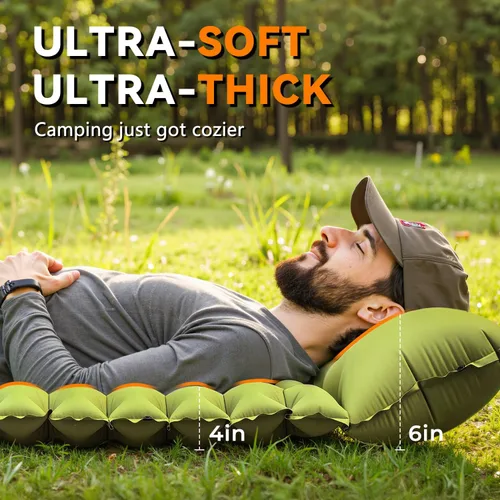 Vista 2 de Colchoneta para dormir, ultraligera e inflable para acampar con almohada con bomba de pie incorporada, extra gruesa y compacta, alfombrilla