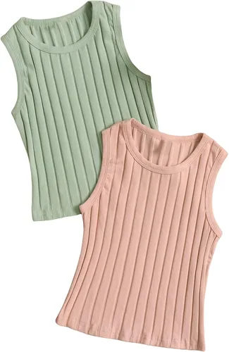 SHENHE Camiseta corta sin mangas de 2 piezas de punto acanalado con cuello redondo para niña