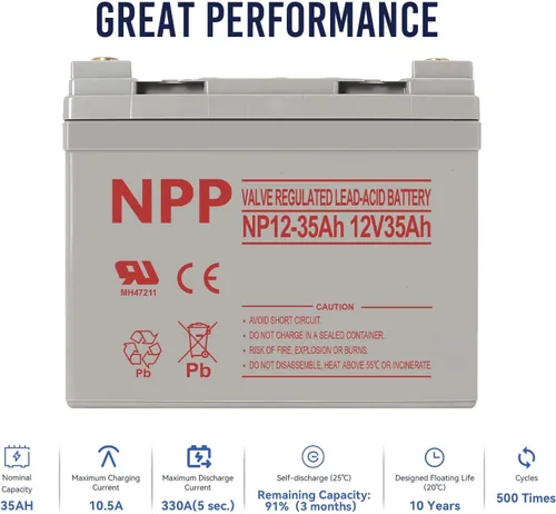 Vista 3 de NPP Batería recargable SLA AGM de 12 V 35 Ah con terminal T14 (M6), batería de plomo ácido de repuesto de ciclo profundo para Jazzy Select, silla