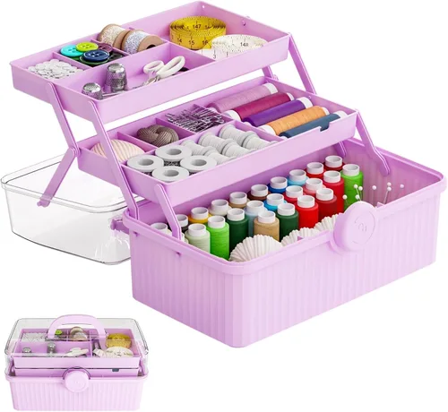 Vista 10 de Caja de plástico de 3 capas para manualidades y caja de herramientas para manualidades, caja de almacenamiento de plástico multiusos con asa