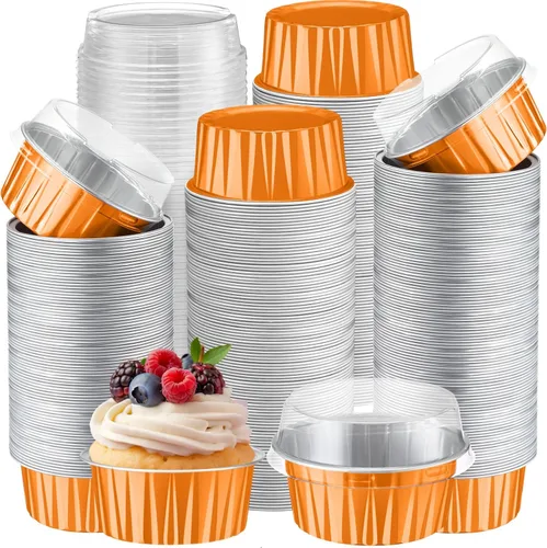 Vista 16 de Gejoy 400 tazas de papel de aluminio para hornear con tapas, moldes desechables de 5 onzas, mini moldes para tartas, moldes para magdalenas, moldes