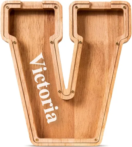 Vista 49 de SummiDate Alcancía de madera de letra para niños y niñas, Alfabeto, regalo de cumpleaños para niños (W)