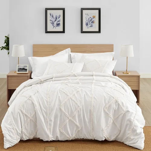 Vista 9 de Juego de ropa de cama de 2 piezas con borlas copetudas de macramé blanco y rosa bohemio, bohemio, elegante, tamaño individual/individual XL, funda