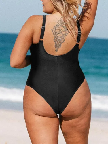 Vista 2 de CUPSHE Traje de baño de una pieza para mujer, talla grande, cuello en V, malla transparente, control de abdomen, con correas anchas ajustables