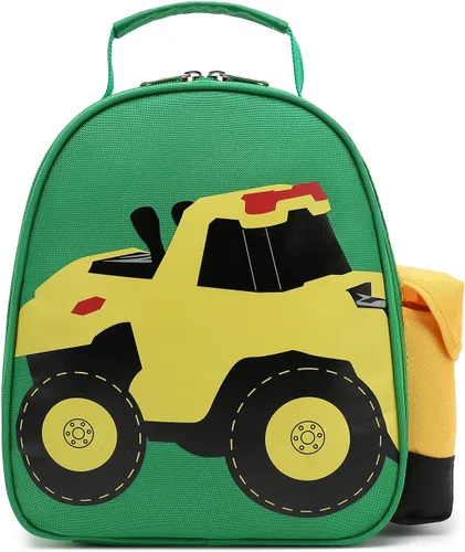 Fiambrera para niños, forro de papel de aluminio, patrón de vehículo verde 3D, adecuado para niños y niñas, dimensiones: L: 9.65 x ancho: 4.13 x H