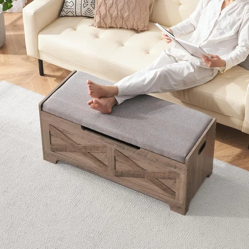 Vista 15 de GAOMON Baúl de almacenamiento, banco de almacenamiento con bisagra de seguridad, baúl de madera estilo granja para entrada, dormitorio, sala