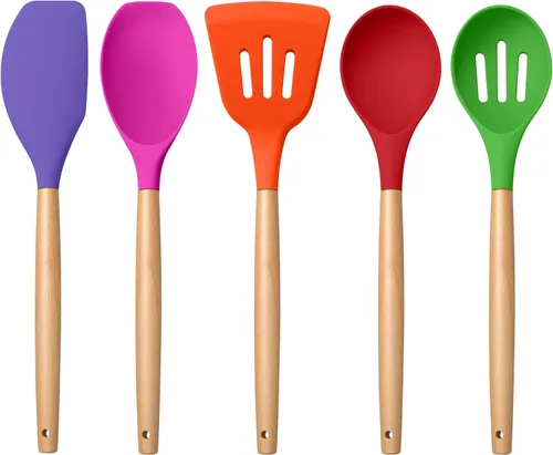 Vista 11 de E-far - Juego de utensilios de cocina de silicona, 5 piezas, juego de utensilios de cocina negros con mango de madera para cocinar, espátulas