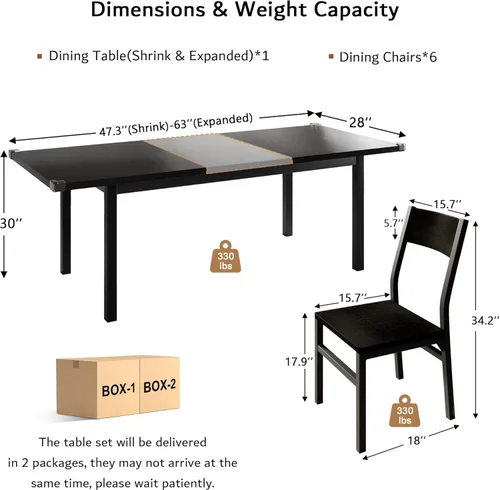 Vista 23 de iPormis Juego de mesa de comedor de 7 piezas con 6 sillas, mesa de cocina extensible de 63 pulgadas y sillas para 4-6, mesa de comedor con marco