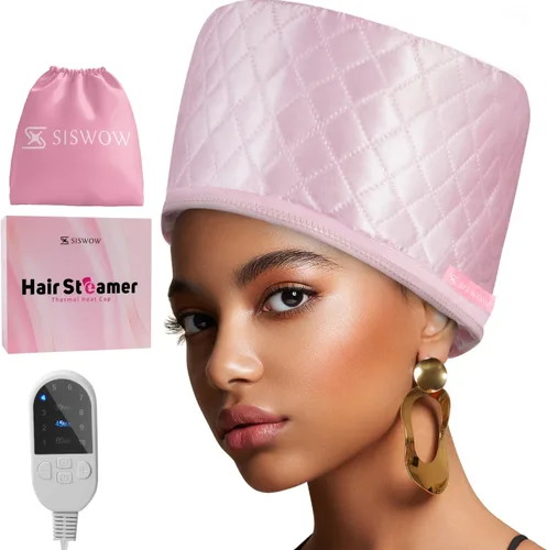 Vista 11 de Vaporizador de cabello para cabello natural para uso doméstico con 10 niveles de calor que se calienta rápidamente, gorro térmico para Negro
