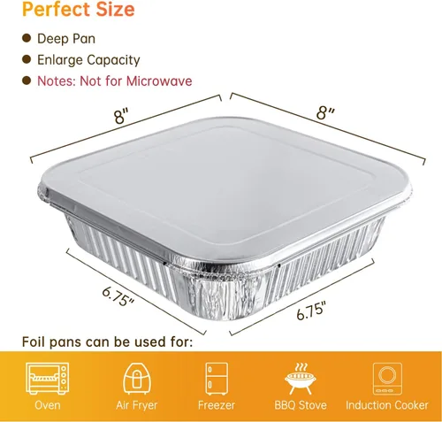 Vista 3 de Sartenes de aluminio de 8 x 8 con tapas, paquete de 10 bandejas desechables para hornear, sartenes de aluminio con tapas para cocinar en vacaciones