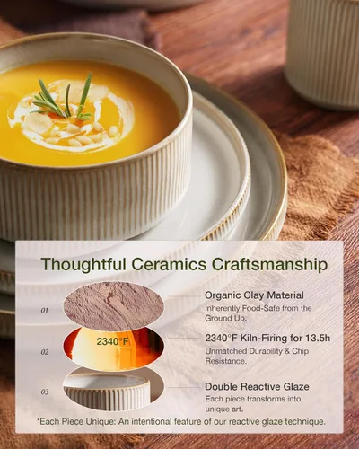 Vista 5 de famiware Juego de vajilla con estrellas, juego de platos y cuencos para 4, 12 piezas de vajilla acanalada - Resistente a las astillas y a