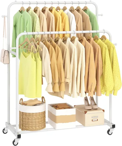 Vista 10 de Laiensia - Perchero de doble varilla con ruedas, estante para colgar ropa, 4 ganchos, estante multifuncional para dormitorio, color negro
