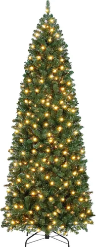 Vista 10 de Yaheetech Árbol de Navidad de Abeto Tipo Lápiz Preiluminado con Nieve Artificial de 6 pies con Bisagras, Árbol de Navidad Delgado para Esquina
