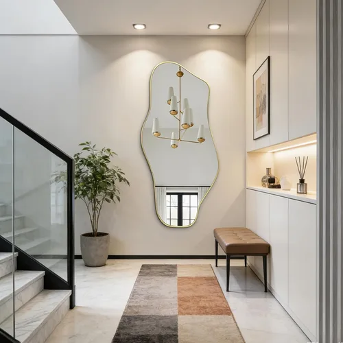 Vista 18 de Espejo irregular sin marco, 35.8 x 17.7 pulgadas, espejos de pared asimétricos decorativos, modernos espejos abstractos de vidrio templado para sala