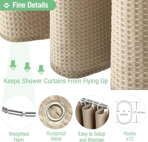 Vista 739 de Cortina de ducha de tela Dynamene verde oscuro - Cortinas de baño de tela de nido de abeja texturizadas resistentes, juego de cortinas de baño