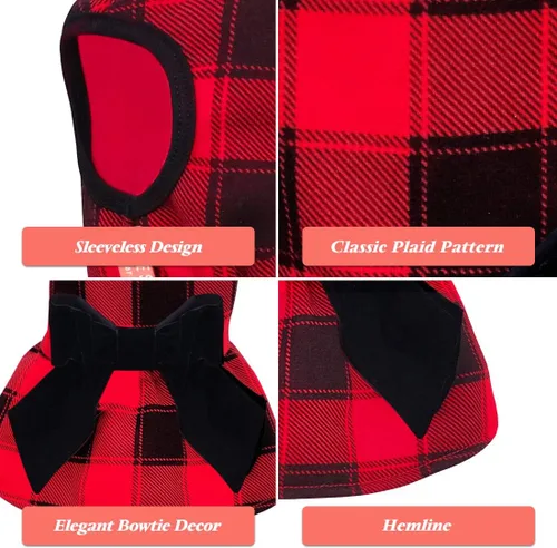 Vista 7 de KYEESE Vestido de Navidad para Perro de Cuadros Búfalo Rojos, Vestidos para Perros con Corbatín, Vestido para Perro Pequeño