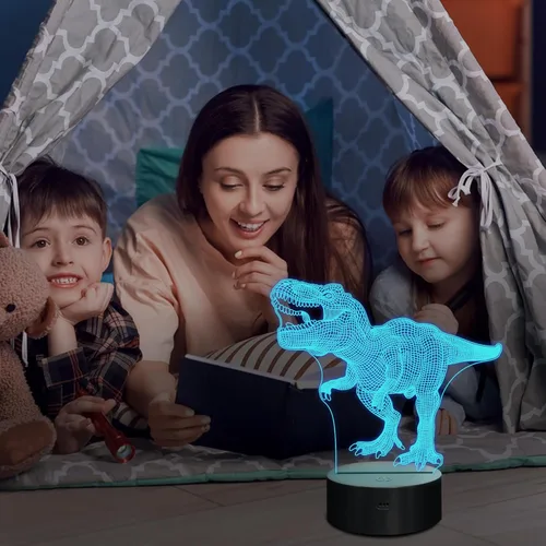 Vista 3 de CooPark Luz nocturna decorativa de dinosaurio 3D, 4 patrones con control remoto, 16 cambios de color, regalos de dinosaurio para niños