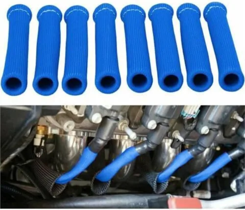 Vista 6 de Cable de bujía, protección térmica, manga de calor, protección de cable de bujía, cinta térmica de alta temperatura de 2500 grados, paquete de 8 Azul