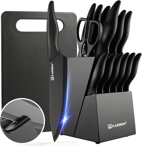 Vista 9 de Juego de cuchillos de cocina de 15 piezas con bloque, mango ergonómico de ABS para juego de cuchillos de chef y cuchillos de carne dentados