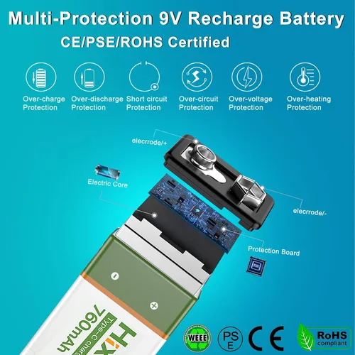 Vista 7 de Hixon Baterías de litio recargables USB de 9 V, baterías de iones de litio de larga duración de 760 mAh de 9 voltios con cable de carga tipo C