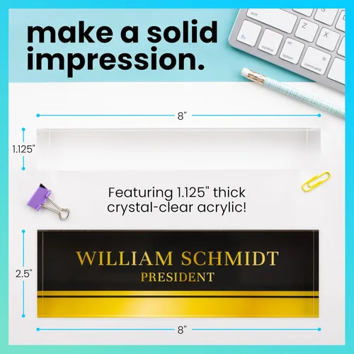 Vista 5 de Bloque con placa de nombre de cristal acrílico transparente de alta calidad con diseño único para tu escritorio, 8 x 2.5 pulgadas