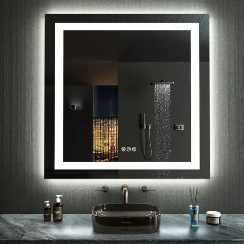 Vista 114 de LOAAO Espejo de baño LED de 28 x 36 pulgadas con luces, antiniebla, regulable, retroiluminado + iluminado frontal, espejo de tocador de baño