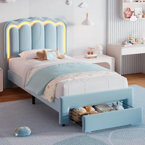 Vista 17 de Marco de cama LED tapizado individual con cajón de almacenamiento y cabecera doble ondulada ajustable, cama de plataforma de terciopelo
