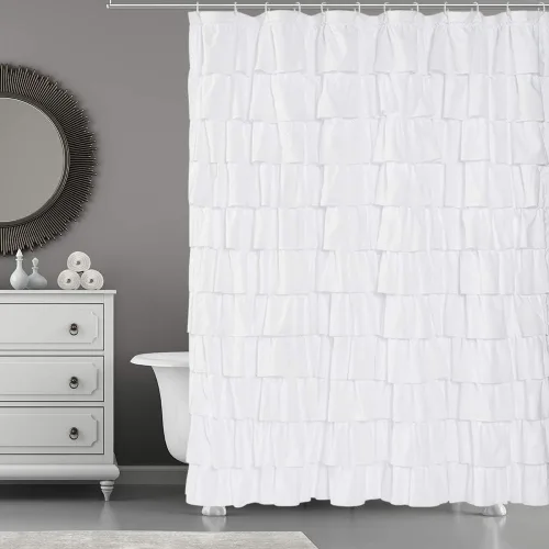 Vista 30 de Cortina de ducha con volantes beige para baño, 36 x 72 pulgadas