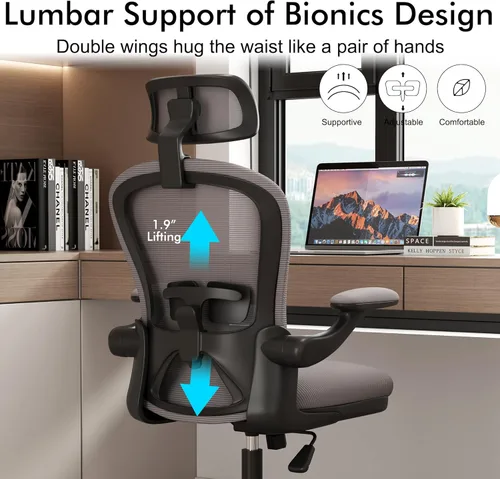 Vista 4 de Sillas de oficina ergonómicas con soporte lumbar ajustable, silla de escritorio de malla con brazos y ruedas ajustables, silla de escritorio