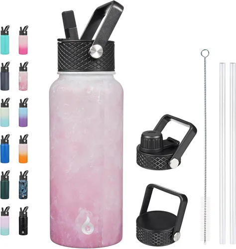 Vista 110 de BJPKPK - Botellas de agua aisladas con tapa de popote, botella de agua de acero inoxidable de 27 onzas con 3 tapas, termo de metal libre de BPA a