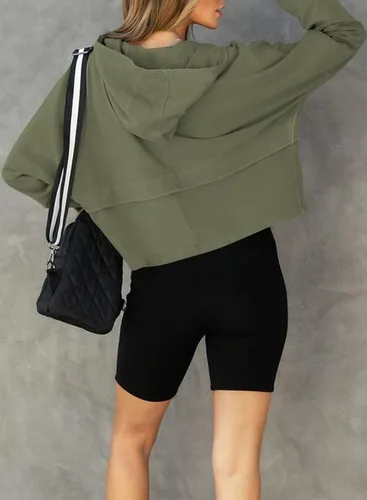 Vista 2 de Dokotoo Sudaderas con capucha recortadas con cordón y cremallera para mujer, sudadera con bolsillos a la moda de otoño 2023