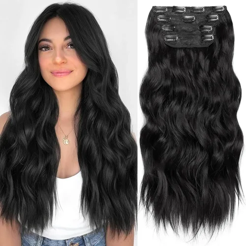 Vista 73 de KooKaStyle Extensiones de cabello sintético con pinzas, largo, ondulado, grueso, balayage, marrón chocolate a rubio caramelo, fibra 10H26