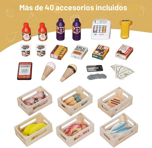 Vista 4 de Touch Us Juego de tienda de comestibles para niños, tienda de juegos de simulación y carrito de compras de supermercado de madera con caja