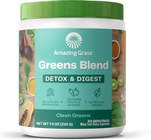 Amazing Grass Greens Superfood Detox & Digest: Polvo de vegetales con enzimas digestivas y probióticos, Clean Green, 30 porciones (el empaque puede
