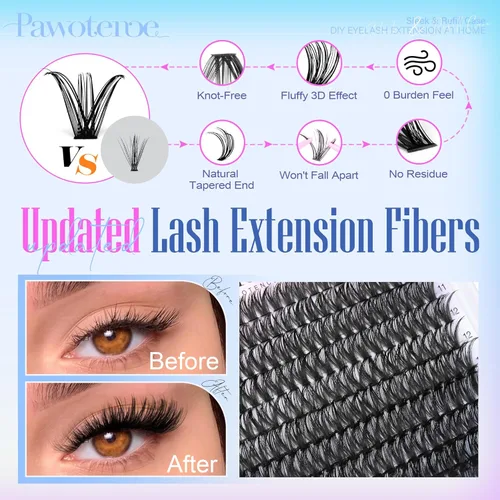 Vista 11 de Kit de extensión de pestañas Pawotence DIY 280 piezas, racimos de pestañas, kit de extensión de pestañas, 9-16mm, 30D, 40D, pestañas individuales
