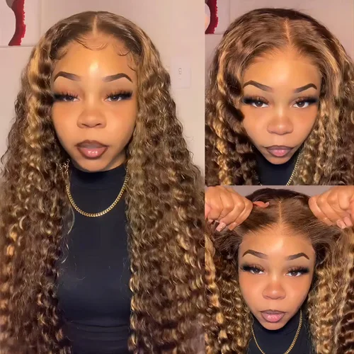 Vista 9 de ISEE Wear and Go Peluca sin Pegamento HD Pelucas de Encaje Frontal Pelucas de Cabello Humano Ondulado para Mujeres Negras 4/27 Rubio Miel Ombre