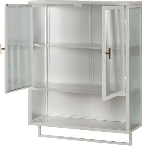 Vista 5 de Enclosed Storage Wall Cabinet with Two Doors, Open Shelf, and Towel Rack for Modern Entryway Living Room Bathroom Dining Room