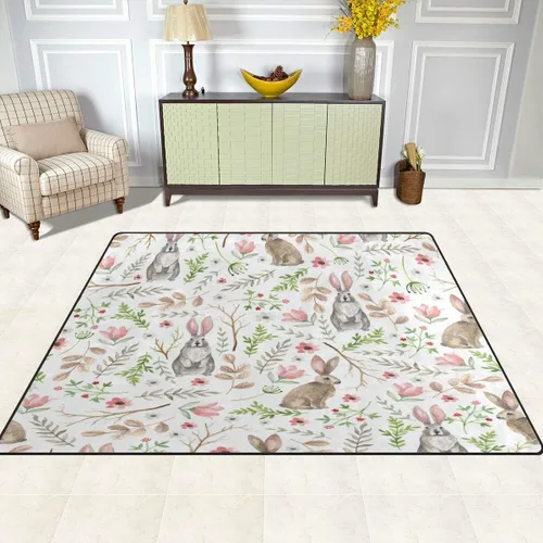 Vista 3 de ALAZA Hipster - Alfombra de acuarela, conejo, flores, para sala de estar, dormitorio, 7 x 5 pies